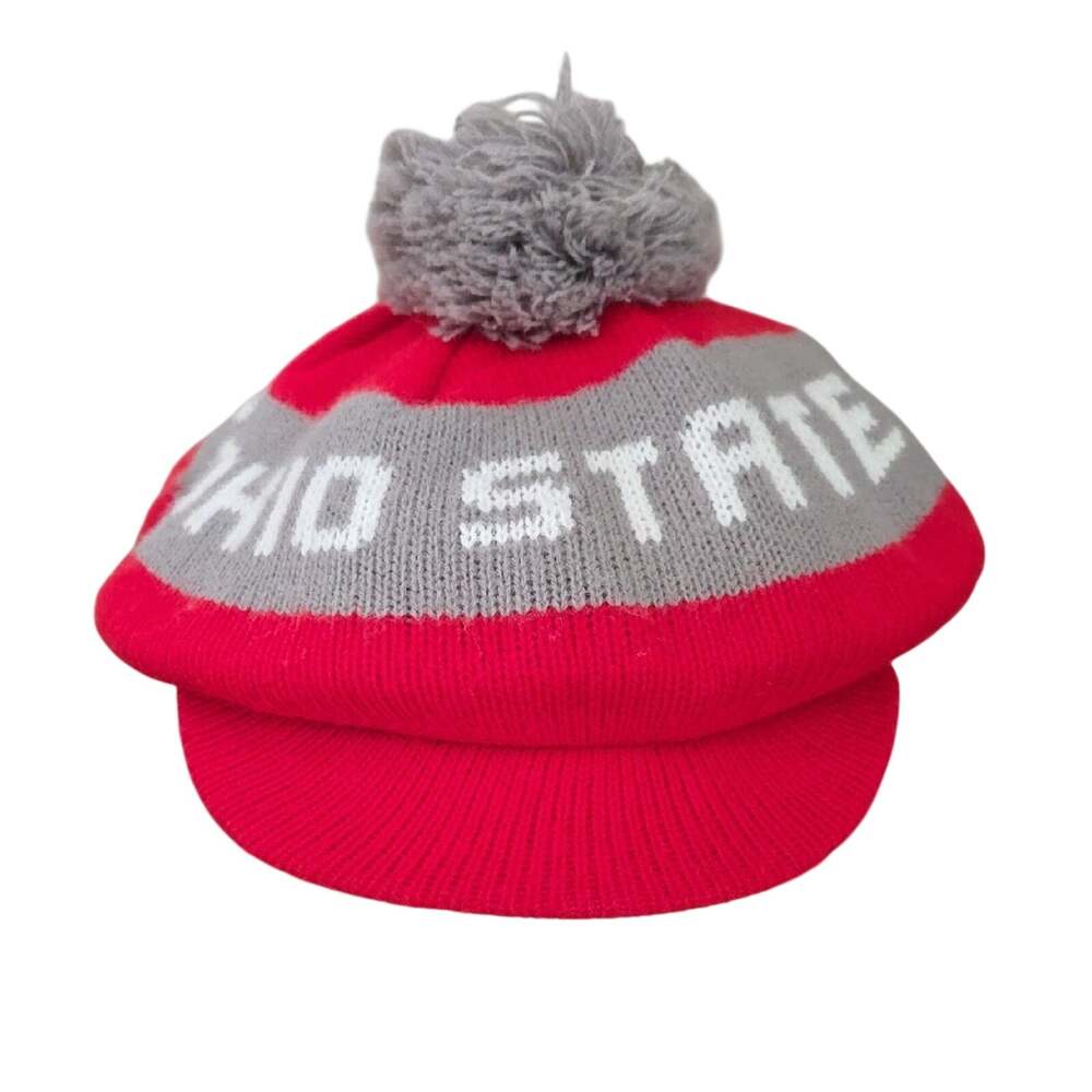 Red and Gray Ohio State Knit Pom-Pom Newsboy Hat Unisex Adult Vintage
